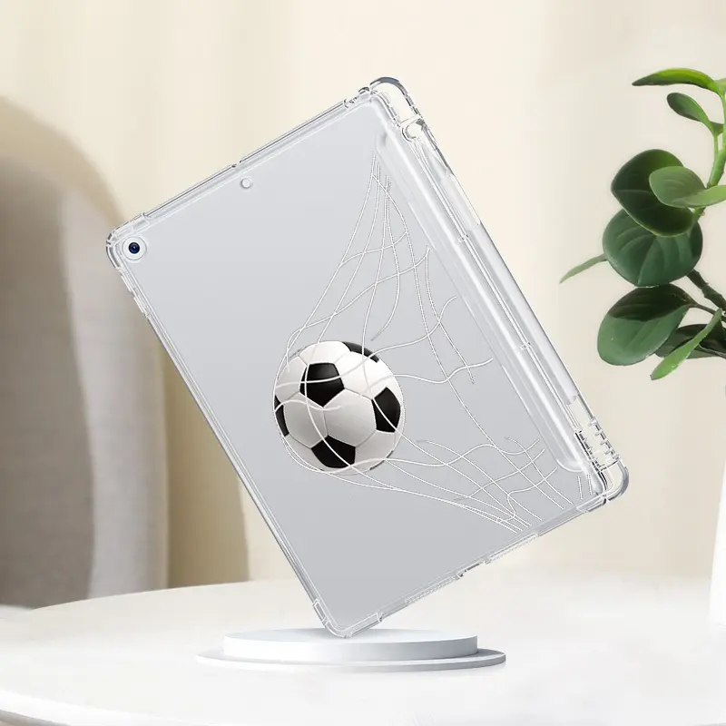 Soccer Net Pattern Clear Tablet Case with Built-in Pencil Holder, Soft TPU, for iPad Air 4/5/6, iPad Pro 11 2024, iPad Mini 4/5/6/7, iPad 10th Gen, iPad 9/8/7 Series. Shockproof, Portable, One-Side Protection, Easy to Carry Outdoor. Unisex.