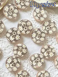 10pcs/set Transparent Daisy Resin Buttons, Four-Hole Sewing Buttons for Shirts & Sweaters, Japanese Style Decorative Buttons
