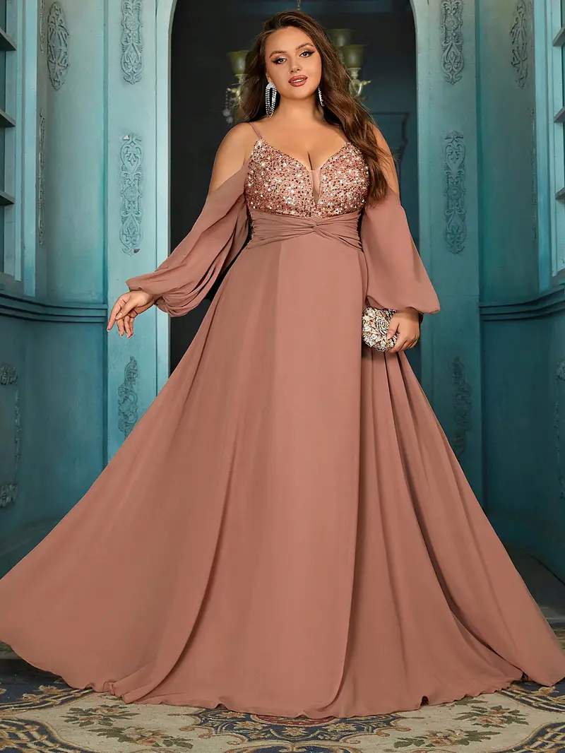 Women's elegant deep V-neck spaghetti strap sequin maxi dress,lantern sleeves chiffon dress, plus-size twisted waist A-line hem formal gown, holiday prom party dresses, wedding guest dresses, bridesmaid dresses,Champagne Color upscale cocktail dress