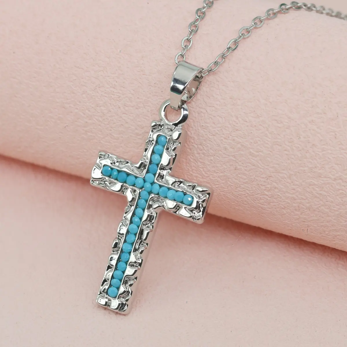 Vintage Inspired Turquoise Cross Necklace Unique Small Design Stainless Steel Chain Unisex Dainty Everyday Layering Jewelry