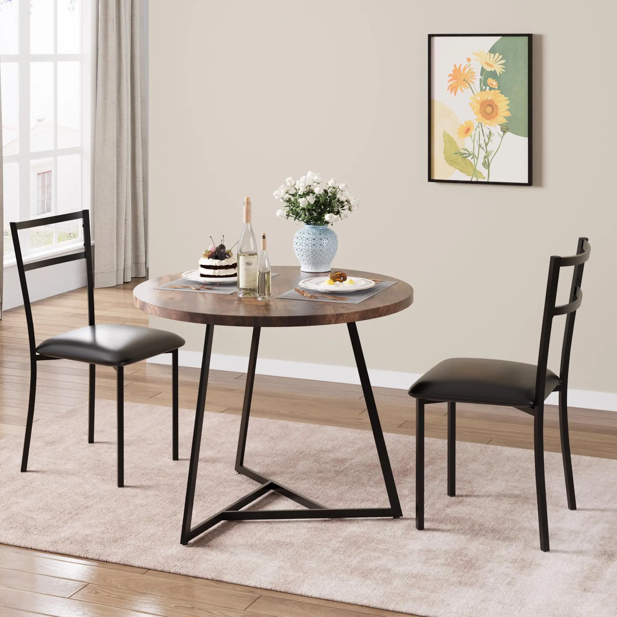 Dining Table Set for 2, Round Kitchen Table and Chairs for 2, Modern Dining Room Table Set with 2 Metal and Wood Chairs, Kitchen Table Set for Small Space, Apartment, Marble White and Gold