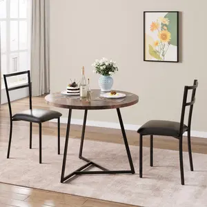 Dining Table Set for 2, Round Kitchen Table and Chairs for 2, Modern Dining Room Table Set with 2 Metal and Wood Chairs, Kitchen Table Set for Small Space, Apartment, Marble White and Gold