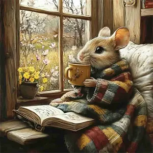 Cozy Mouse with Hot Drink by Spring Window 5D Full Drill Diamond Painting Kit – Whimsical Cottagecore Design with Shimmering Warm Tones & Floral Accents – Charming Storybook Art DIY Wall Decor – Ideal Gift for Cozy Lifestyle & Craft Enthusiasts