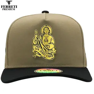 FT39 Unisex San Juditas Kaky 5-Panel Hat by Culiacán Ferreti, White Crown, Semicurved Visor, Button, Adjustable Clip