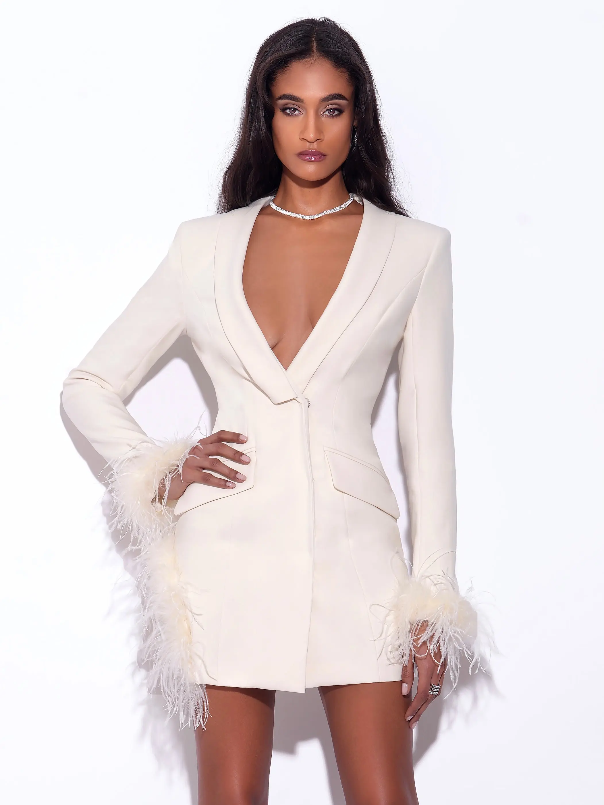 Madeline Pearl White Feather Trim Blazer Dress - TikTok Shop Madeline Pearl White Feather Trim Blazer Dress - TikTok Shop