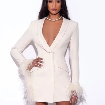 quilla white feather crystal sleeve backless blazer dress QUILLA BLACK FEATHER CRYSTAL SLEEVE BACKLESS BLAZER DRESS Artofcb