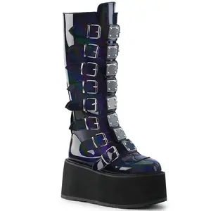 Demonia Damned-318 Black Hologram Vegan Leather Knee-high Boots