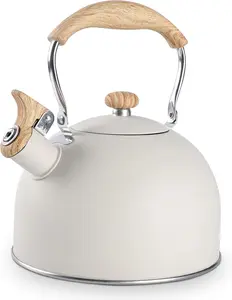 BOMPOW Tea Kettle, 85 OZ / 2.5 Liter Whistling Tea Kettle Pots for Stove Top Food Grade Stainless Steel with Wood Pattern Folding Handle, Loud Whistle for Tea, Coffee, Milk - Milk White