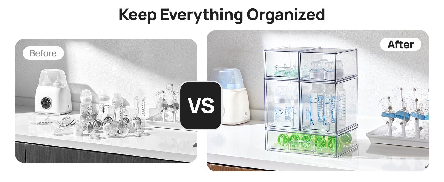 【Bottles Station】Vtopmart Stackable Nursery Set of 5/8 Clear Plastic Organizer Bins for Makeup Beauty Supplies Vanity Bathroom Cabinet Pantry, Multi-Size Flexible Design BPA-Free Safe Water&Dust Proof,dorm essentials,home decor