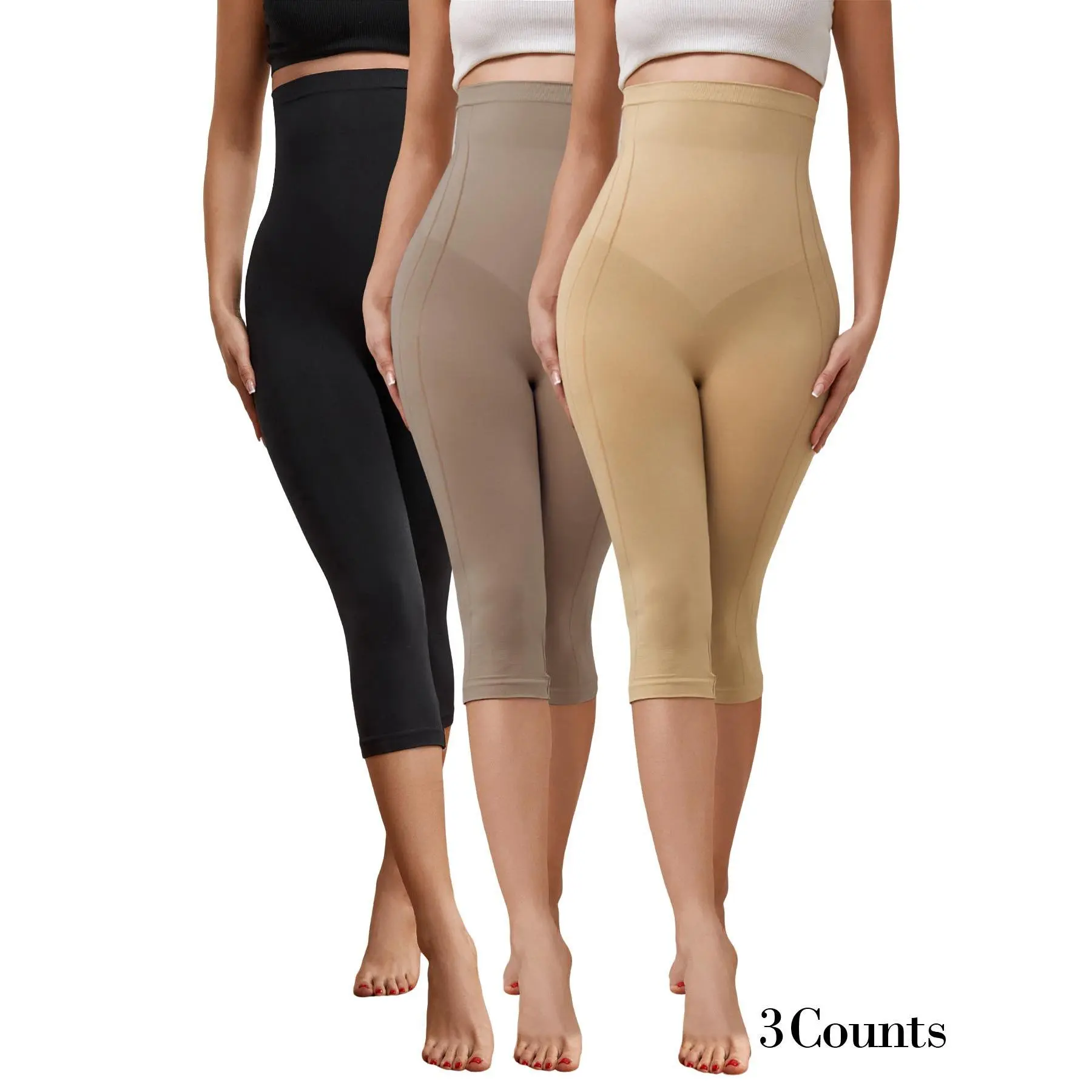 [3 Counts] MUEE 3 pieces' multiple colors Shapewear Leggings Tummy Control Capri High Waisted Seamless Butt Lifting Thigh Slimmer Bottom Pants Compression Womenswear Gradient Comfort Women's Thick Basic Sexy Shaper