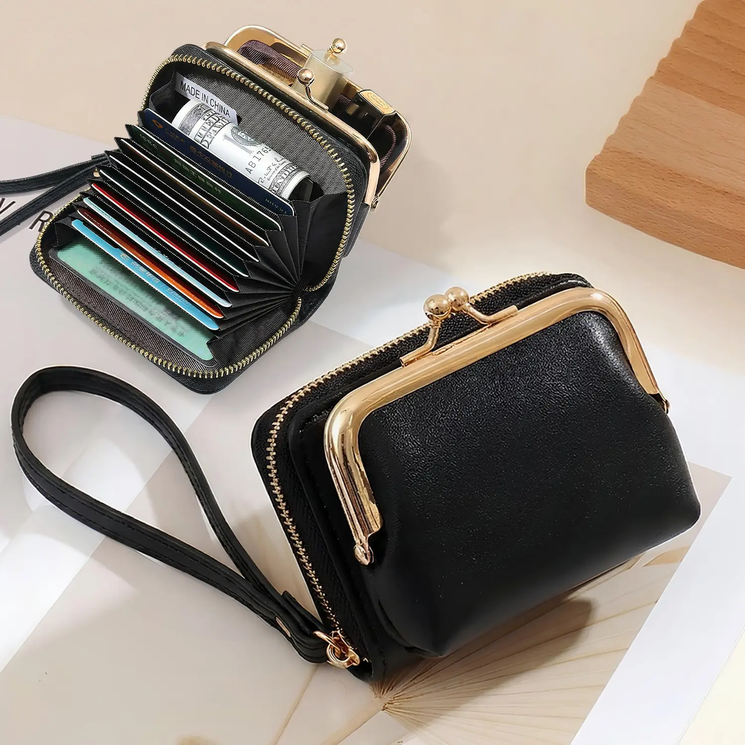 Women's RFID Blocking Compact Slim Bifold Leather Vintage Style Wallet Clutch with Zipper & Kiss Lock Coin Purse, Gift-Ready Mother's Day Gift for Women, Kiss Lock Purse