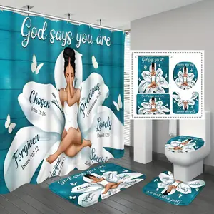 Girls' Inspirational Waterproof Non-Slip Bathroom Decor Set, Bathroom Accessory, Bathroom Decoration Accessories, Motivational Text, Includes Shower Curtain, Mat, Lid Pad, 12 Plastic Hooks, Home Bath Gift