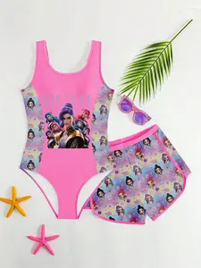 Kpop Anime Sweet Cool Dance Girl Swimsuit Set, Sleeveless One-Piece Swimwear and Shorts 2 Piece Set, High Stretch Fabric Comfortable