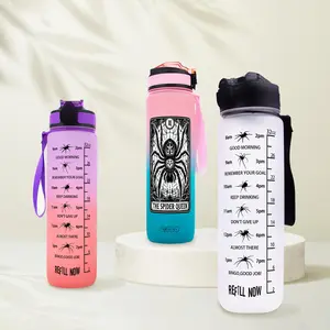 Spider Web Pattern Water Bottle, 1 Count 32oz Water Bottle with Time Scale, Leakproof Water Bottle for Outdoor Sports Travel