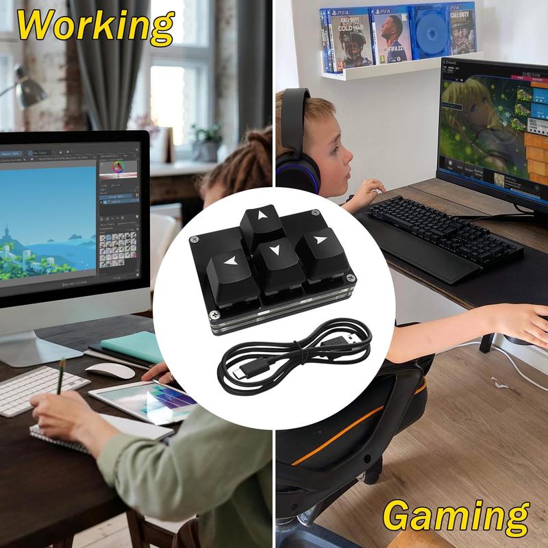 Mini 4-Key Keypad WASD Arrow Key Keycaps Keyboard One-Handed Mechanical Gaming Keypad Programmable USB-C Customized Keyboard for Working or Gaming (Black, Arrow Keycaps 1)