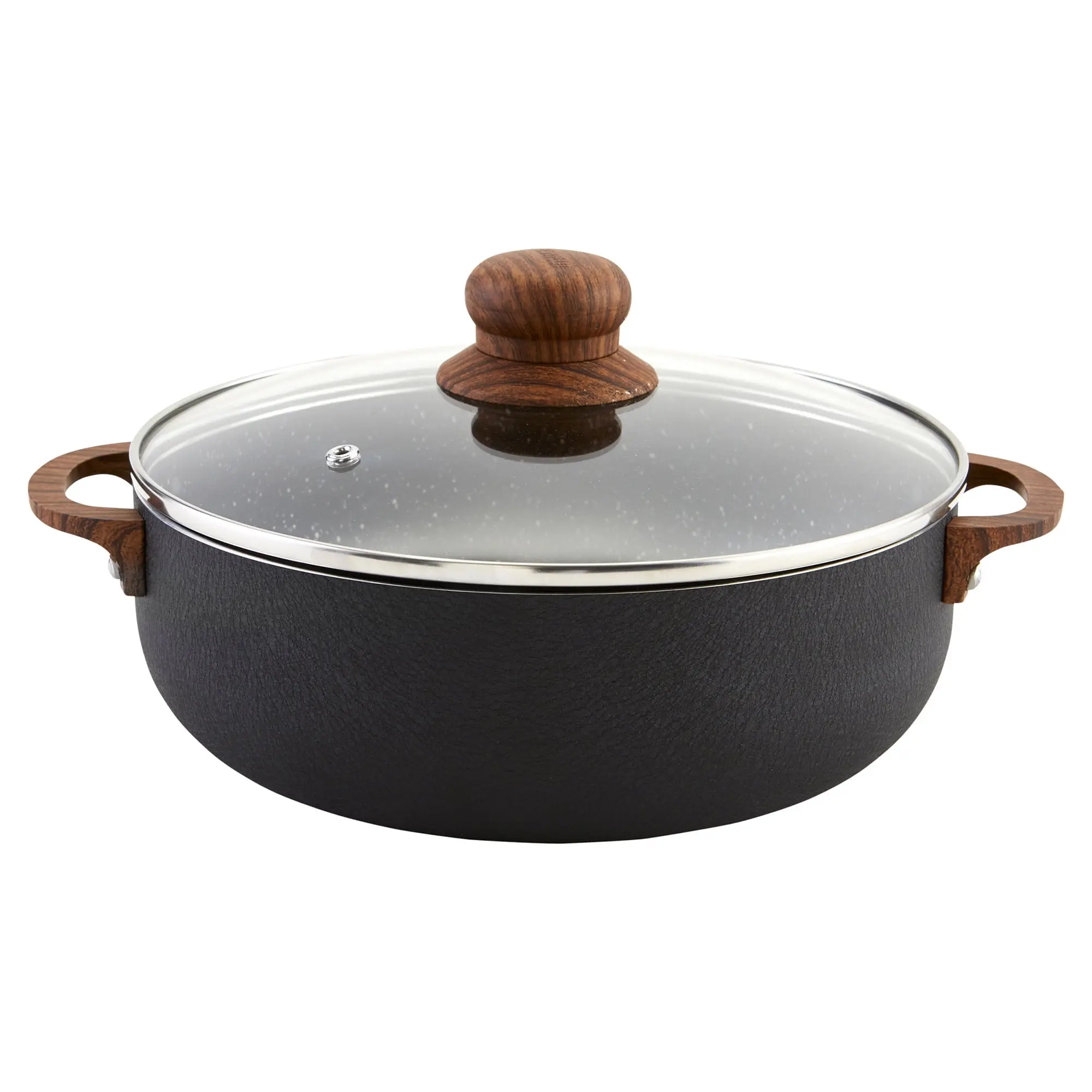 IMUSA 13.5qt Black Stone Aluminum Speckled Nonstick Caldero with Glass Lid & Wood Look Handles, Black