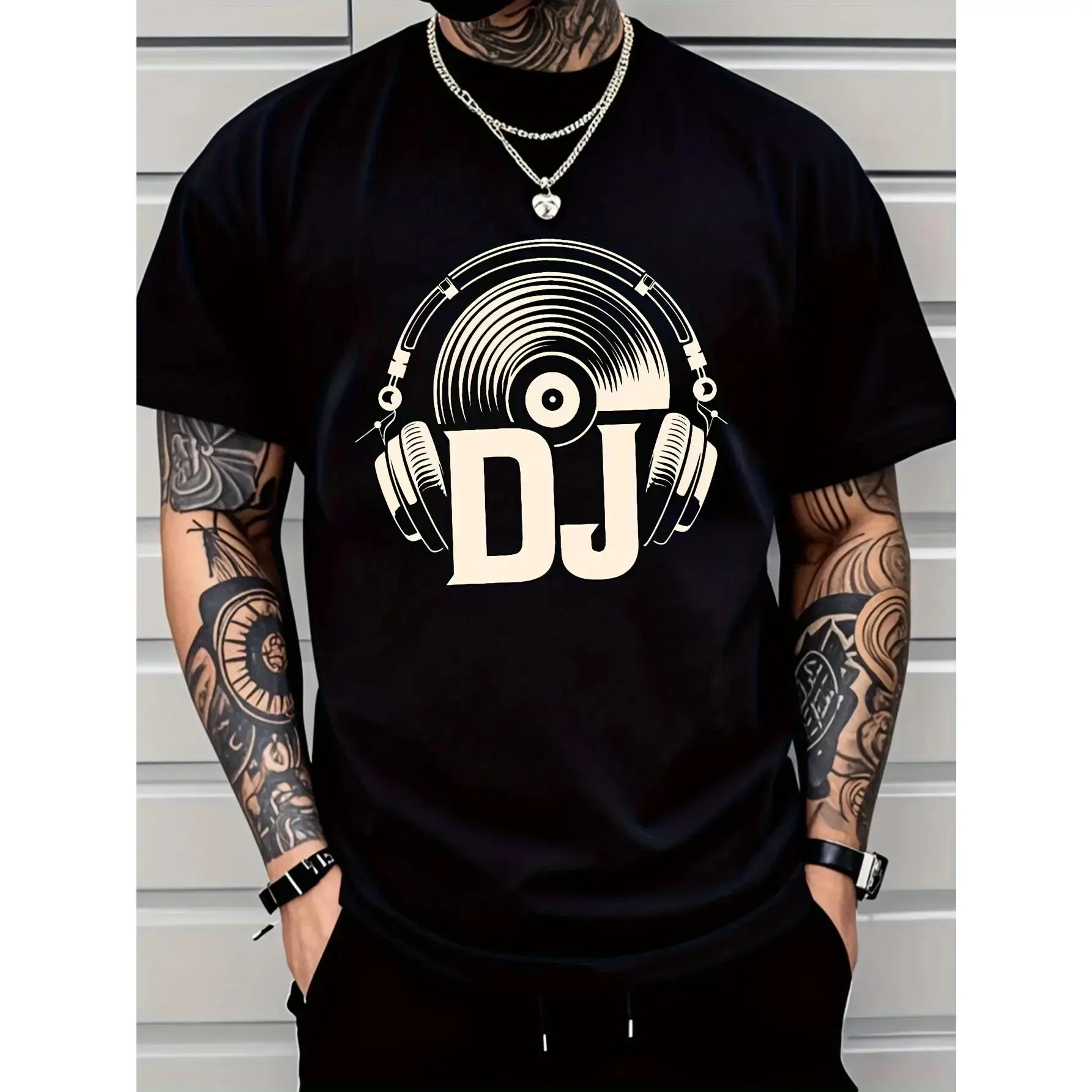 Men's DJ Graphic T-Shirt with Turntable & Headphone Print - 100% Stretchy Comfort Fit, DJ Lettering & Music Notes Design, Casual & Music Production Apparel for DJs, Machine Washable All-Season Wear (Black/White) - Ideal for Parties, Clubs, Casual Attire