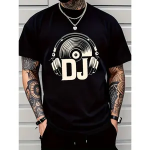 Men's DJ Graphic T-Shirt with Turntable & Headphone Print - 100% Stretchy Comfort Fit, DJ Lettering & Music Notes Design, Casual & Music Production Apparel for DJs, Machine Washable All-Season Wear (Black/White) - Ideal for Parties, Clubs, Casual Attire