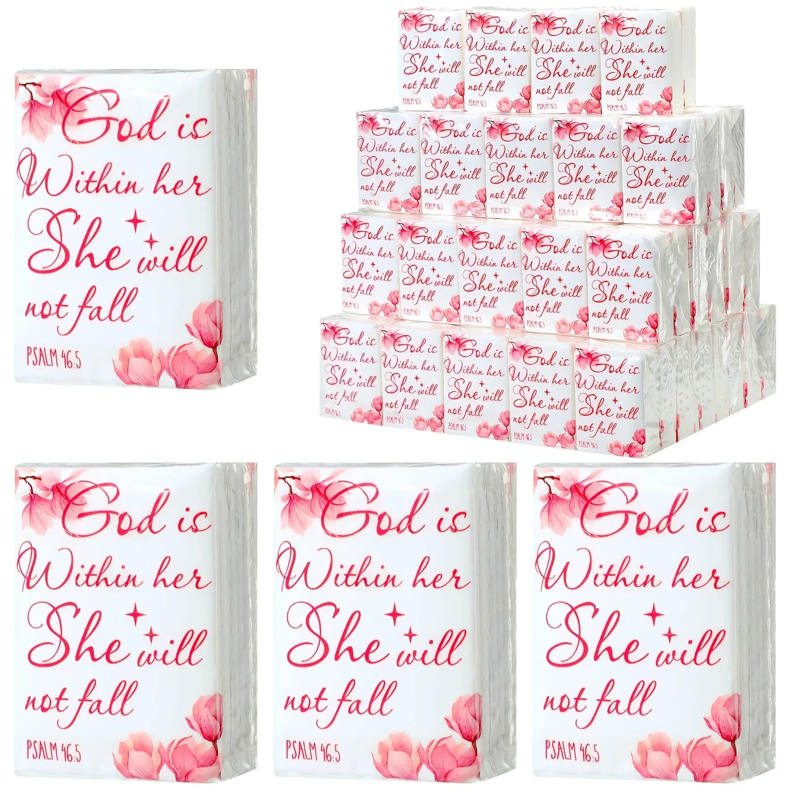 100 Pack Christian Bible Verse Pocket Tissues with "God Is Within Her" Affirmation - 3-Ply Travel Size Facial Tissues, Religious Wedding, Breast Cancer Awareness Favors & Bible Study Gifts for Women, God is Within Her Design