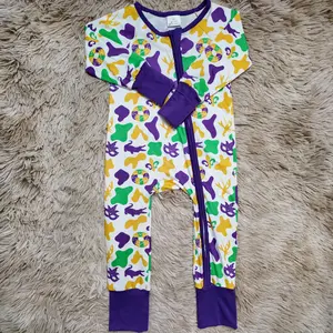 Long sleeves camo donut crocodile zipper sleeper baby boy Mardi Gras romper