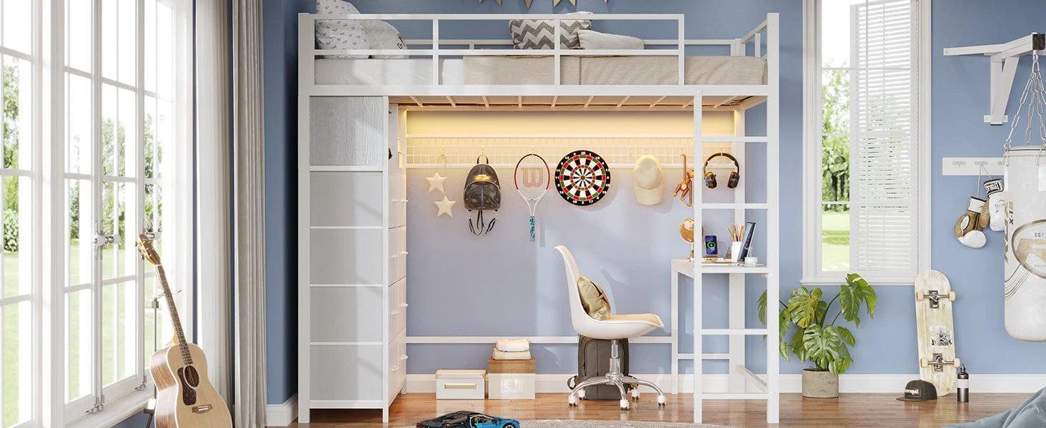 Twin Size LED Loft Bed Frame with Desk and 8 Drawers White