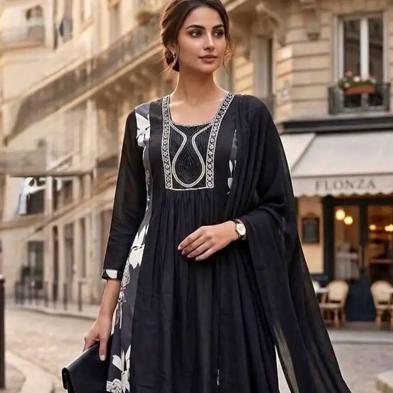 Black Embroidered Chinon Kurta 3pcs Set, Womenswear with Flared Silhouette and Intricate Neckline Beadwork