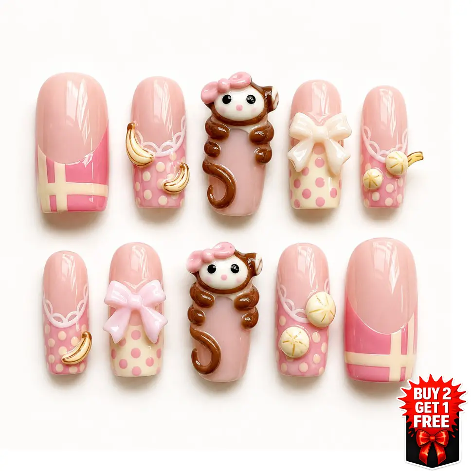 [BUY 2 GET 1 FREE] Cute Monkey Press On Nails | Pink Bow Banana 3D Kawaii Design, French Tips Square Reusable Short Almond False Nails with Nail Kit Trending Nails Inspo. Party Holiday Nails