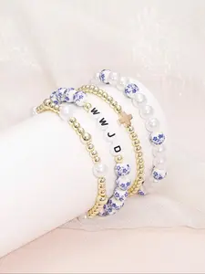 Boho Style Beaded Bracelet, Faux Pearl Beaded Bracelet, WWJD Bracelet, Stackable Bracelets, Fashionable Bracelet, High Quality Bracelet, Fashion Jewelry Accessories for Women & Men, Birthday Gift, Anniversary Gift