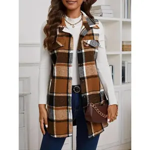 Women's Plaid Print Button Front Vest Coat, Casual Pocket Design Collared Waistcoat for Spring & Fall, Fashion Women's Clothing for Daily WearGift