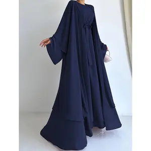 Women's Middle Eastern Muslim Simple Solid Color Chiffon Elegant Sleeveless Tank Dress + Middle Eastern Muslim Simple Solid Color Long Layered Design Cardigan Jacket, Casual Fashion Party 2-in-1 Look Set