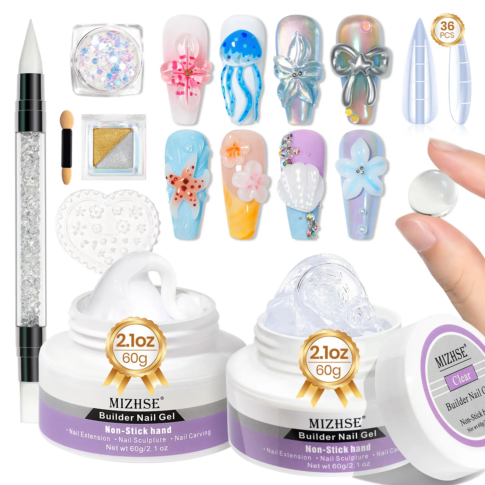 MIZHSE Solid Builder Gel Kit 2PCS 60g – Clear & White 3D Flower Sculpting Nail Gel with Chrome Powder for 3D Nail Art & Extensions