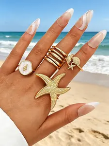 Boho Style Elegant Women's Shell Ring Set, 4 Pcs Sea Star Design, Perfect for Beach, Dates, Weddings, Gifts, Daily Wear