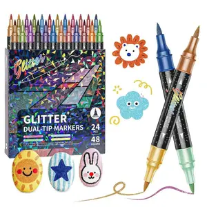 Double Tip Markers Fine Point & Brush Design Safe Non-Toxic with Glitter Fluorescent Ink Washable Easy Clean for Kids Handmade DIY Art Projects