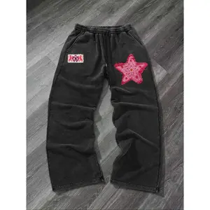 Men's casual cotton straight leg pants, geometric star print, comfortable wide leg sports pants for all seasons, fitted design, sports and leisure style pantsRAIMENTRY