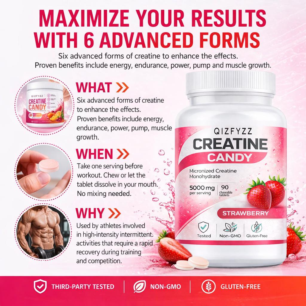 Creatine Chews 5000mg – Strawberry Flavor | Micronized Creatine Monohydrate Gummies, 90 Chewable Tablets | Energy, Strength & Workout Performance | No Mixing Required