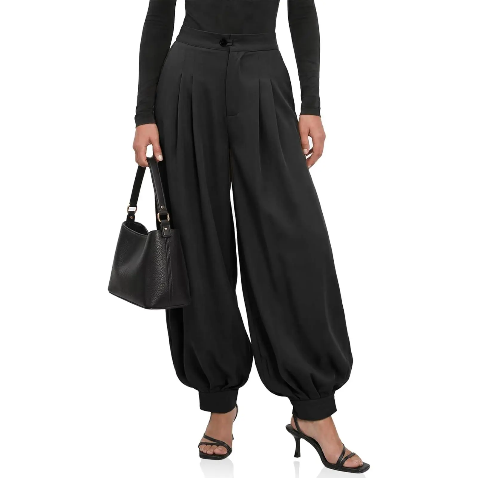 Cicy Bell Women's Basic Minimalist Striped Balloon Pleated High-Waisted Wide Leg Pants, Loose Fit Clothes with Side Pockets, Business Casual Work Office Trousers