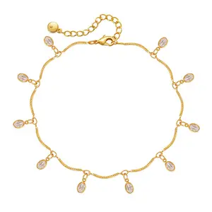 Women's Gold Plated CZ Drop Anklet - Dainty Adjustable Minimalist Charm Anklet Bracelet, Layered Beach Summer Gift for Her