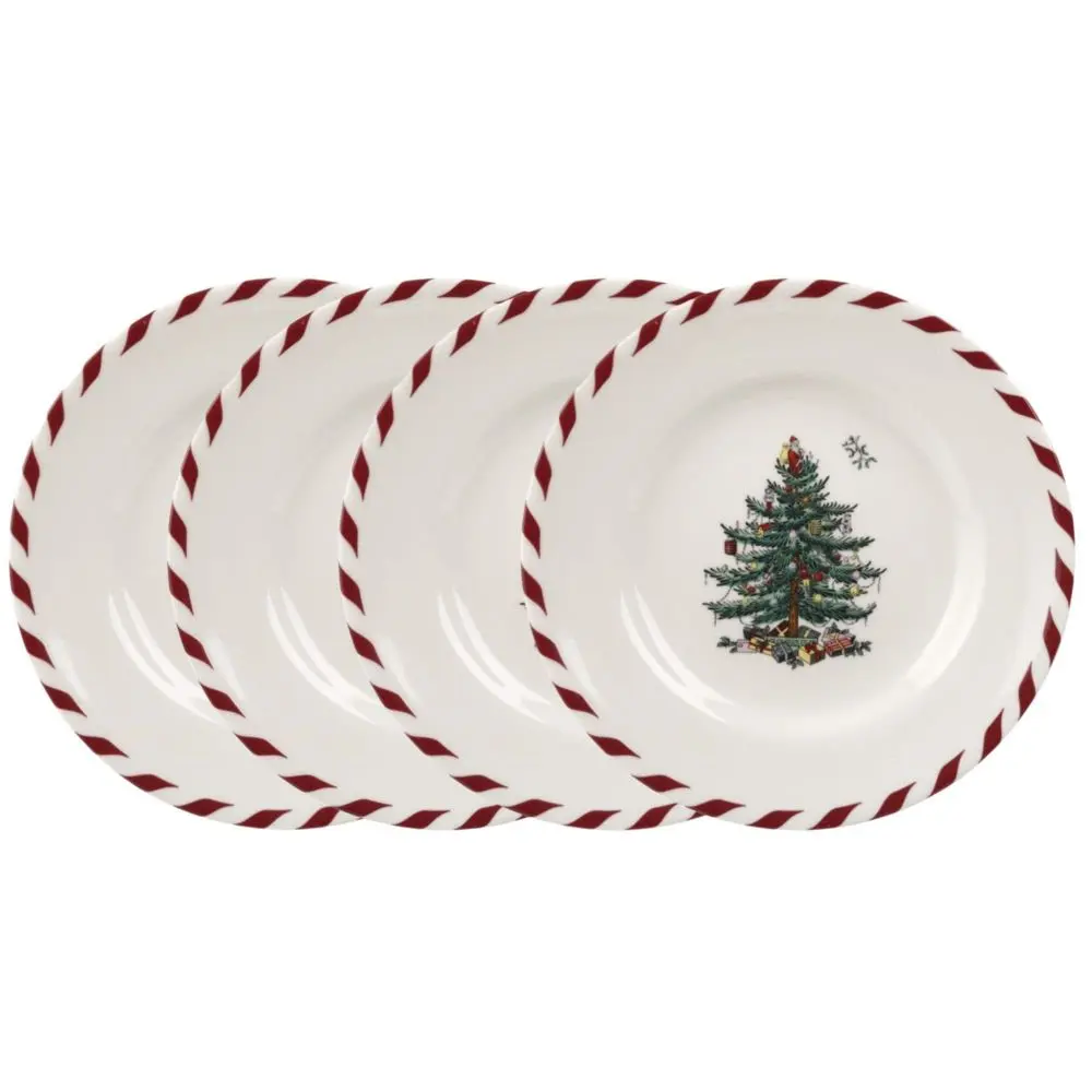 Spode Christmas Tree Peppermint Sturdy Small Round Ceramic Serving Canape Plates - Set of 4