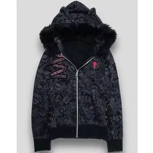 Subculture Long Sleeve Hooded Jacket Cat Ears Women Casual Punk Style Coat Skulls Print Harajuku Faux Fur 2026 Autumn