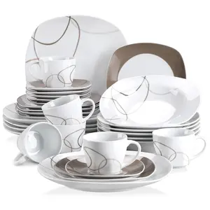 VEWEET Ceramic Decal Complete Stacking Tableware Set, 30-Piece Porcelain Dinnerware with Brown Lines, Includes Plates and Cups for 6 Winter Holiday