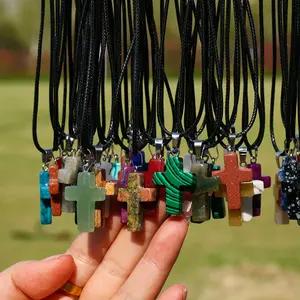 50 Mixed Natural Stone Cross Pendants - 25 Fashion Cross Pendants, with 25 Adjustable Black Faux Leather Necklaces, Quartz Imitation Gemstone Jewelry for DIY Necklace, Bracelet, and Earring Crafting