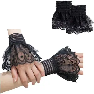 MIUPOO Detachable Fake Sleeve,Floral Layered Cuff,Elastic Fingerless Hand Sleeve Ruffled Floral Short Lace Gloves for Party Prom Masquerade,Wrist Warmers,Black