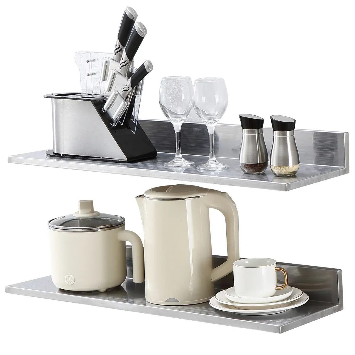 8.6"x30" Heavy-Duty Stainless Steel Wall-Mount Floating Shelf with Backsplash - Corrosion-Resistant, Waterproof, Easy-to-Clean Home Supplies for Kitchen Decoration, Restaurant Use, 44 lbs Load Capacity, Ample Space Saver