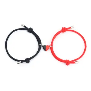 Magnetic Heart Couple Bracelet Set – Adjustable Beaded Braided Cord Wristbands, Bracelet Jewelry Bangle for Lovers, Anniversary Gift