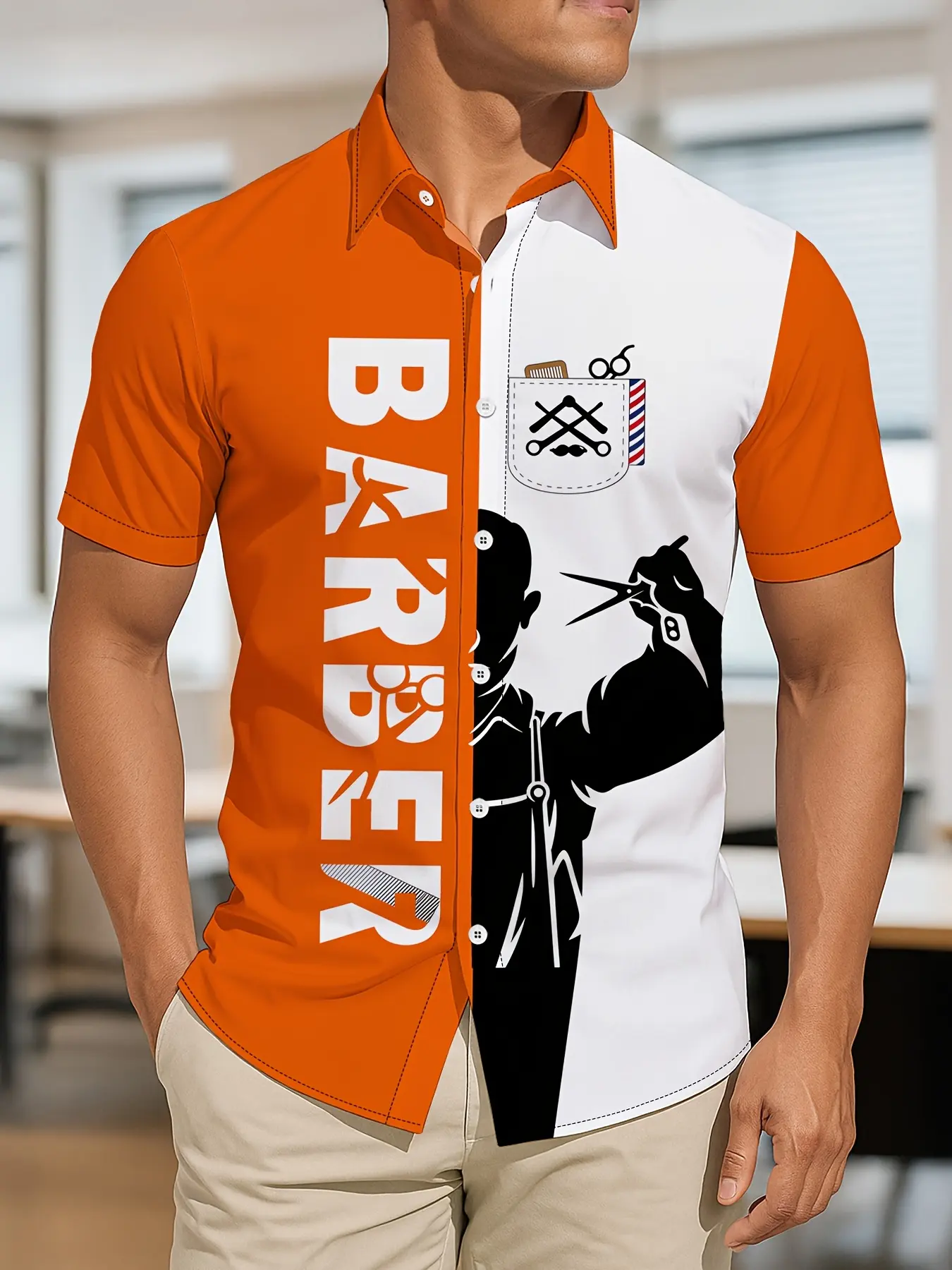 Men's Short-sleeve Shirt Casual Loose Shirt Casual Collared Shirt Barber-themed Black and White Color-block Print Trendy  Barber Workwear Casual Daily Top for Hairdressers and Fashion Enthusiasts