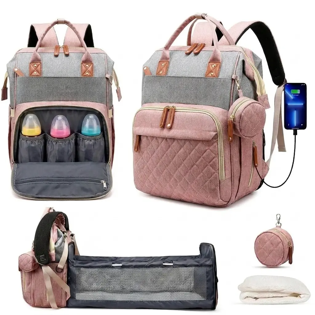 Large Capacity Diaper Bags with Expandable Crib & USB Port. Waterproof Baby Backpack for Mom Dad, Travel Nappy Bag with Insulated Pockets & Stroller Straps.
