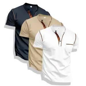 3-Pack Men’s Summer Short Sleeve Henley Shirts – Breathable, stretchy solid-color athletic tops with a half-button design and mesh details, suitable for casual wear or cycling workouts