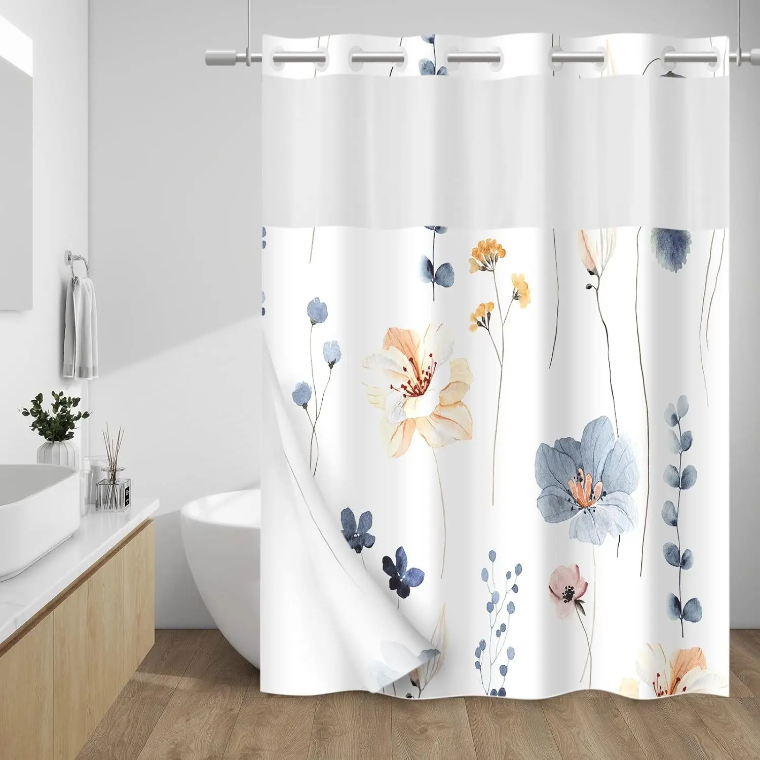 Hookless shower curtain with large rings, watercolor floral shower partition, waterproof shower curtain Adjustable home curtain decoration