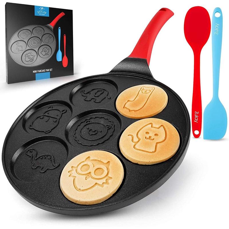 Zulay Kitchen Pancake Pan with 7 Animal Face Designs & 2 Spatulas - Round Nonstick Ceramic Griddle with Comfortable Handle for Mini Pancakes