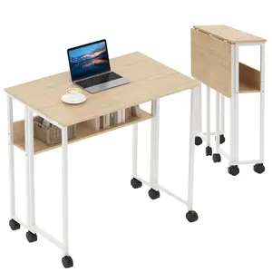 Garvee Small Folding Computer Desk with Storage Shelf, 31.5 Inch Folding Computer Table with Wheels, Portable Office Computer Desk for Small Space Sofa, Easy to Fold